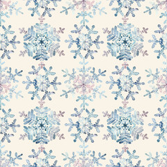 Seamless winter pattern. Granulation watercolour snowflakes on a beige background. Hand drawn illustration. Frost crystals drawn by hand. For fabric, sketchbook, wallpaper, wrapping paper, invitation