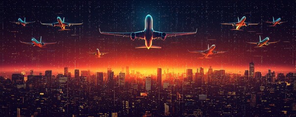 Obraz premium Abstract digital art of airplanes in cosmic space