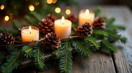 Festive candles and pine cones on a wooden table create a cozy holiday atmosphere with glowing lights and evergreen branches