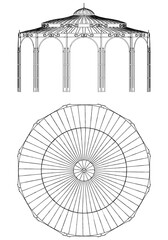 Garden Gazebo outline vector illustration. Perfect for artistic projects, decor ideas, and graphic designs. Elegant Antique Decor Illustration with Front, Side, and Top Views