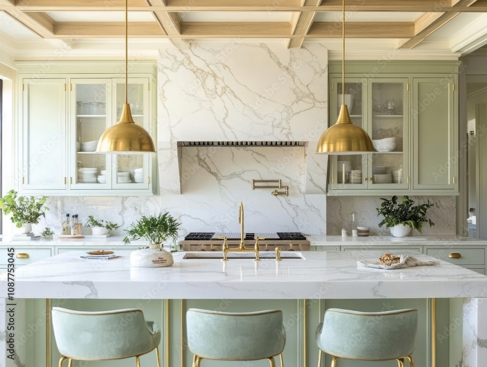 Wall mural Elegant Green Kitchen With Marble Countertops And Gold Accents