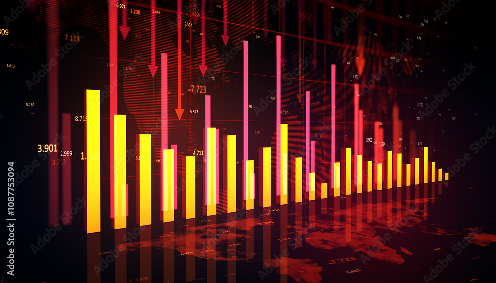 Poster creative glowing red business chart and map on blurry background. crisis, financial fall and recessi