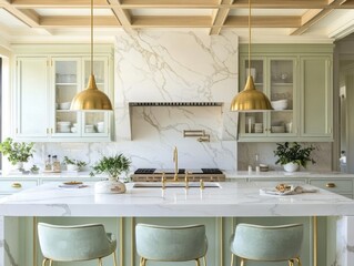 Elegant Green Kitchen With Marble Countertops And Gold Accents