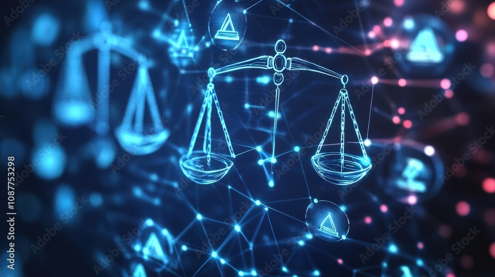 Poster digital scales of justice connected by a network of lines and dots