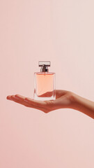 A promotional photo of a perfume bottle. A mockup of a perfume bottle. The hand holds a bottle of...