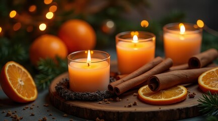 Obraz premium A cozy scene with lit candles, cinnamon sticks, and sliced oranges on a wooden table, surrounded by festive bokeh lights and evergreens