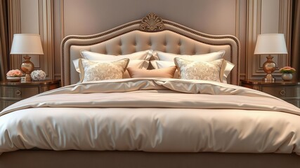 Luxurious bedroom with elegant bedding set in a neutral color palette, featuring a plush comforter, ornate throw pillows, and silky sheets, ornate, elegant, bedroom