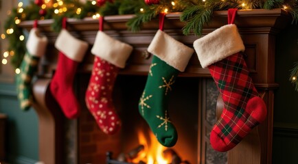 A cozy holiday scene with stockings hanging on a fireplace mantle, surrounded by festive decorations