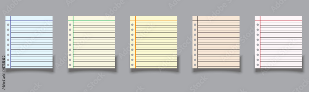 Aufkleber set of vector realistic illustrations of a torn sheet of paper from a workbook, office utility block