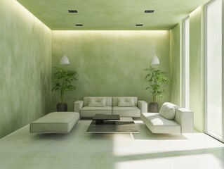 Fototapeta premium Modern minimalist living room with green walls and white furniture