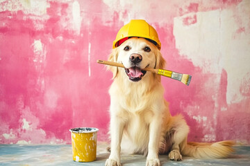 A dog wearing a helmet, holding a paintbrush, working as a painter and decorator. The dog is painting a pink wall in a house, showcasing a renovation project