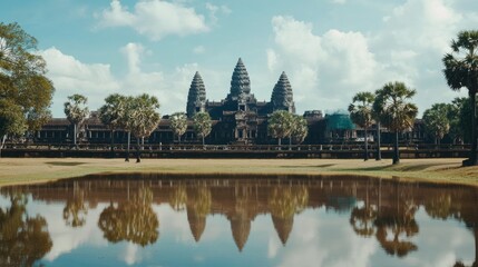 Glowing holographic temples of Angkor Wat at dawn, surrounded by futuristic lights and serene reflections in the water.