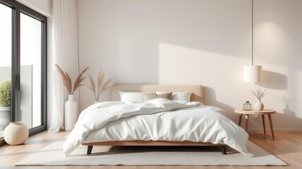 Modern bedroom with minimalist decor, featuring a cozy bed with crisp white bedding and a few simple decorative accents, bed, accents, simple