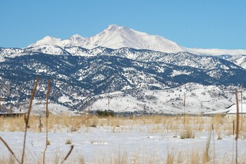 Snow-capped Longs peak mountain and prairie grasslands, Boulder, Colorado