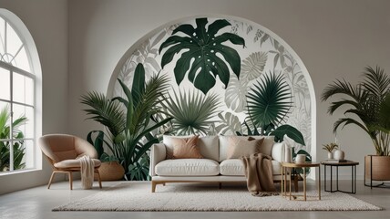 Fototapeta premium Here's a possible and keyword list for the image.. Arched tropical leaf mural in modern living room.