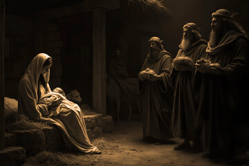 Adoration of the Shepherds - Nativity. Biblical scene. Holy Family, virgin Mari and 3 three wise men. merry Christmas time celebration. kings giving gifts to baby Jesus Christ. star of bethlehem.