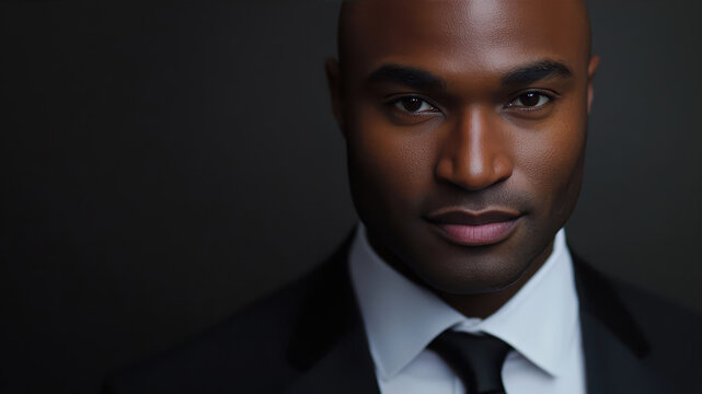 A Dapper Bald Black Man in a Sharp Black Suit Posing Confidently Against a Dark Background