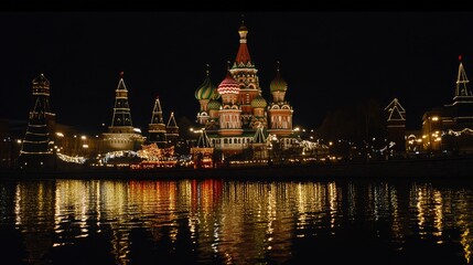 Fototapeta premium The iconic Kremlin illuminated as a digital hologram, surrounded by futuristic Moscow architecture and glowing lights.