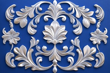 Intricate ornamental patterns in white and silver over deep blue background create luxurious vintage style