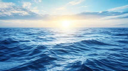 Obraz premium The sun sets over the ocean, casting warm hues across the sky as waves gently lap against one another, offering a peaceful view. Generative AI