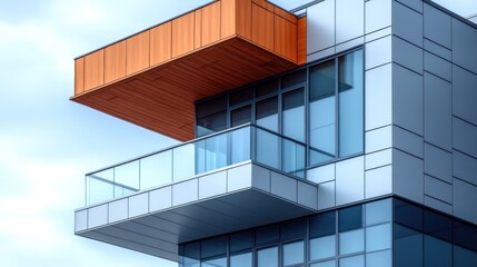A modern building with a balcony and a wooden overhang.