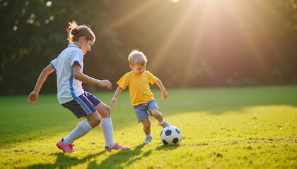 Obraz premium Two children playing soccer on a sunny afternoon in a lush green park, enjoying their time and sharing laughter