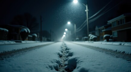 Snow blankets a quiet suburban street at night, illuminated by streetlights and creating a serene winter atmosphere