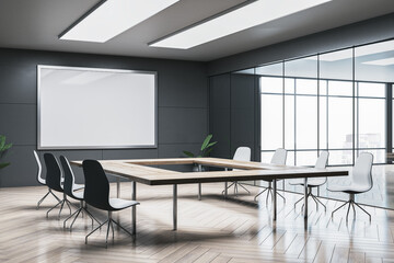 Bright dark wooden and concrete meeting room interior with mock up place on white banner. Presentation concept. 3D Rendering.