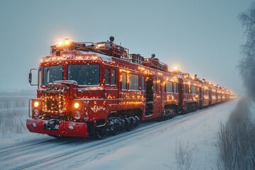 long vehicle on winter road with decorative Christmas lights shining bright