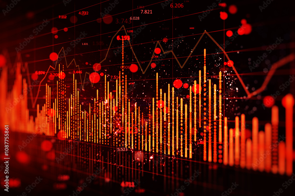 Poster abstract falling red candlestick forex chart on blurry background. crisis and market recession conce
