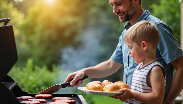 A joyful afternoon barbecue in the garden with a father and son grilling burgers and enjoying quality time