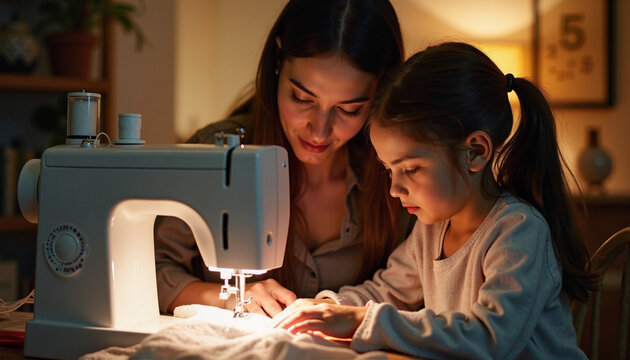 A mother teaches her daughter sewing skills during a cozy evening at home, creating warm memories together