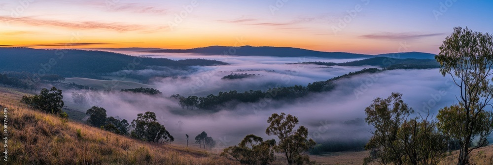 Poster Misty valleys and rolling hills stretch across the landscape, illuminated by the soft hues of dawn, creating a serene countryside view. Generative AI