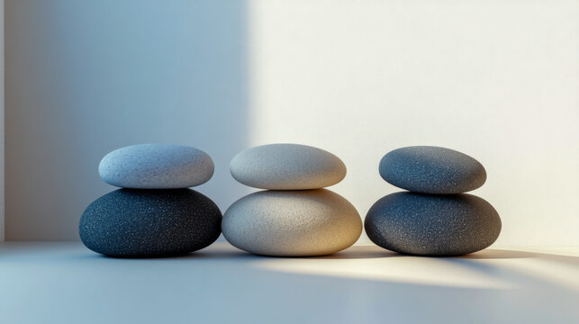 Minimalist arrangement of balancing stones casting shadows in calm indoor setting