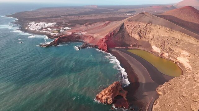 Aerial view of Charco Clicos coastline and volcanic landscape at Lanzarote