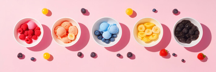 Colorful Bowls of Ice Cream and Fruits Arranged on a Pink Backdrop for a Sweet Treat