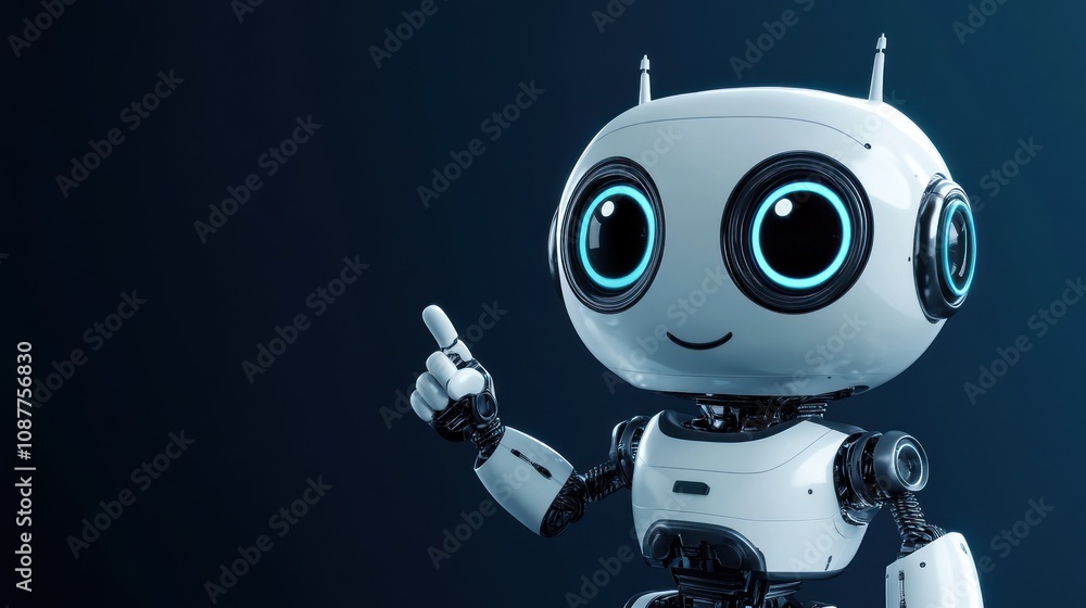 Poster a friendly robot character with large eyes and a raised finger, suggesting interaction.