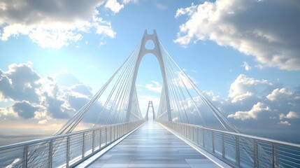 Obraz premium A modern suspension bridge stretches towards a bright sky with fluffy clouds.