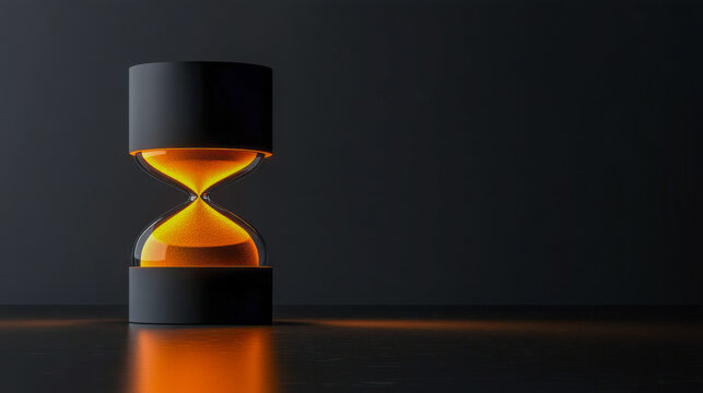 Modern black hourglass with glowing sand on reflective dark surface