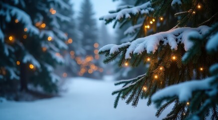 Snowy forest path lined with illuminated string lights creating a magical winter atmosphere
