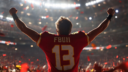 Football Fan in Red Jersey Celebrates Victory in Packed Stadium During a Thrilling Game Atmosphere