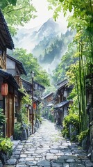 Obraz premium Serene bamboo forest path in traditional village setting