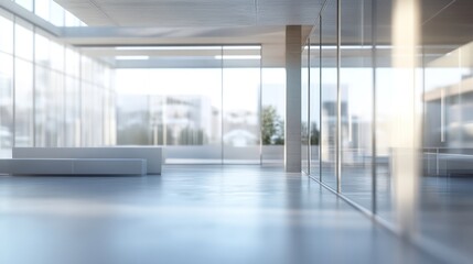 Modern office interior with large glass windows and minimalist design.