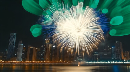 Bright flashes of fireworks illuminate the night sky over a modern cityscape. Suitable for advertising materials, postcards, websites, publications related to the theme of the holiday, city life.
