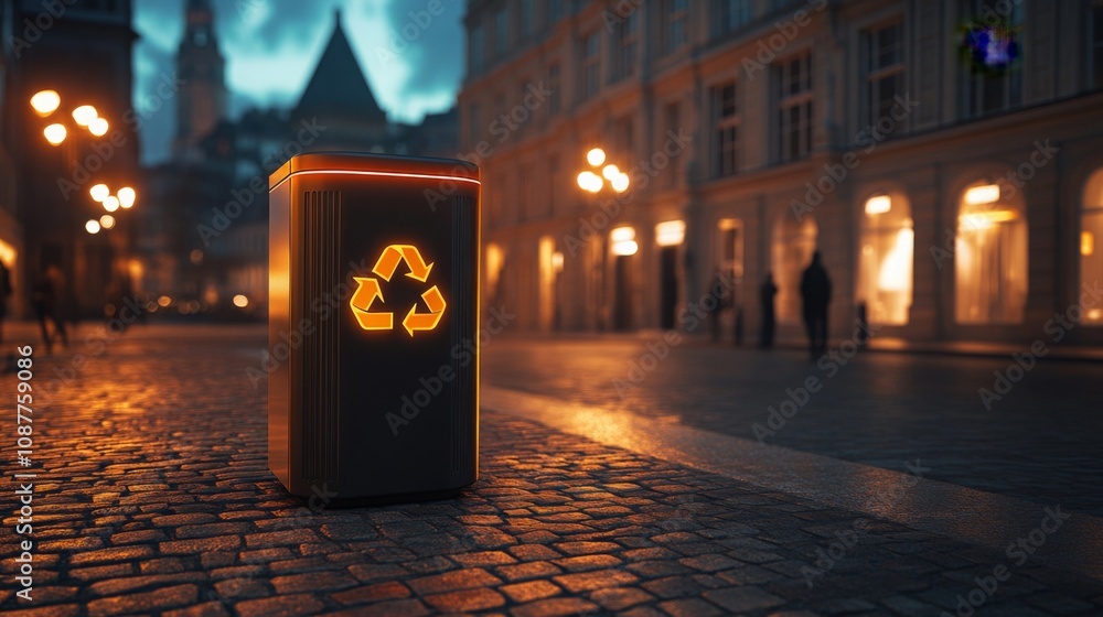Poster an illuminated recycling bin stands prominently on a cobblestone street at dusk, showcasing a bright