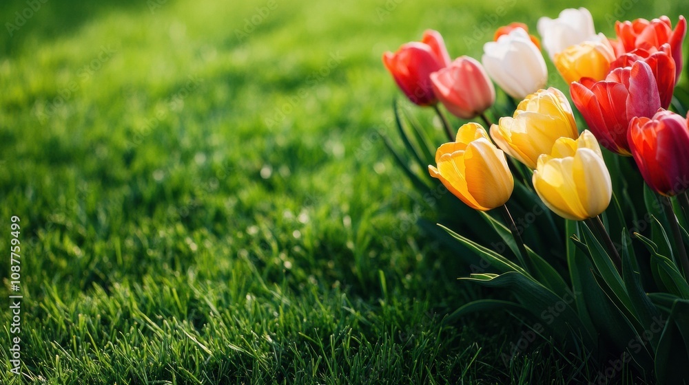 Poster a vibrant display of tulips in bright colors fills the green meadow as sunlight illuminates their de