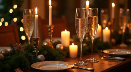 Elegant holiday table setting with champagne glasses, candles, and festive decorations, creating a warm and inviting atmosphere for celebrations