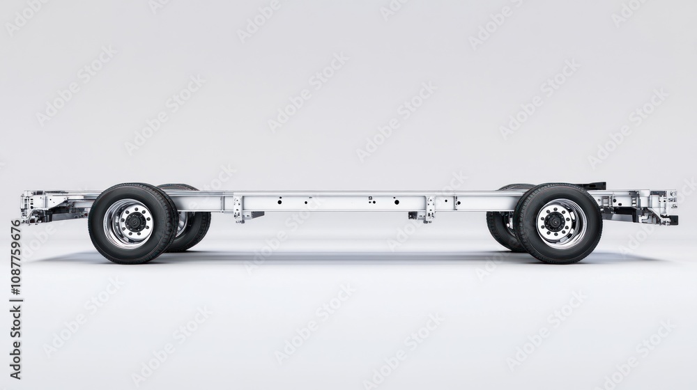 Poster a side view of a vehicle chassis showcasing its structure and wheels.