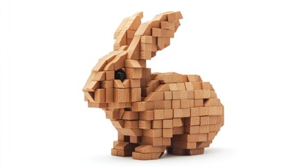 A wooden rabbit sculpture made from small blocks, showcasing craftsmanship.