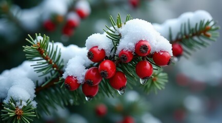Snow-covered pine branches adorned with red berries in a tranquil winter forest